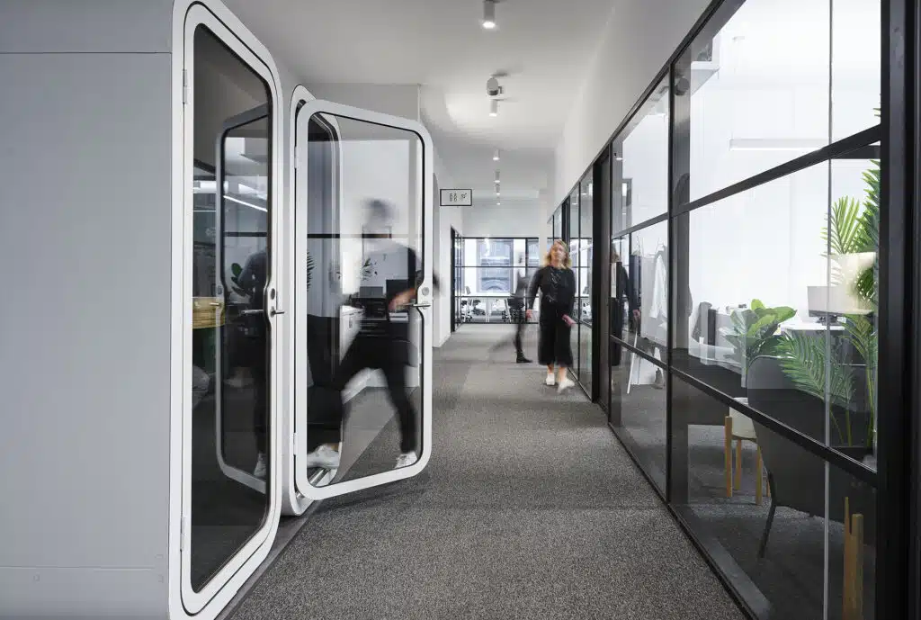 phone booths in an office setting