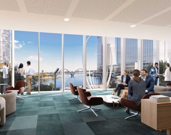 Modern office lounge with professionals conversing, large windows offering a view of Elizabeth Quay in Perth.